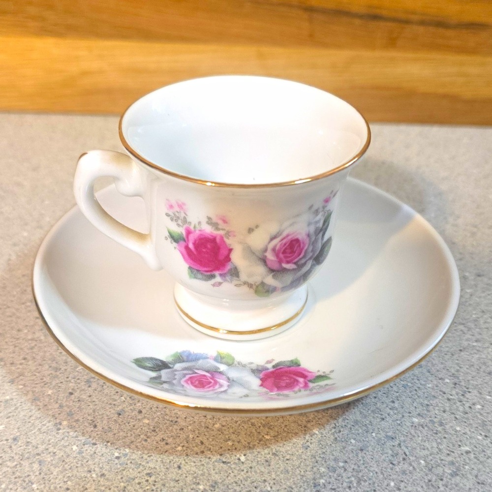 Vintage White Floral Ceramic Tea Cup & Saucer Set Pink Rose Pattern Gold Trim